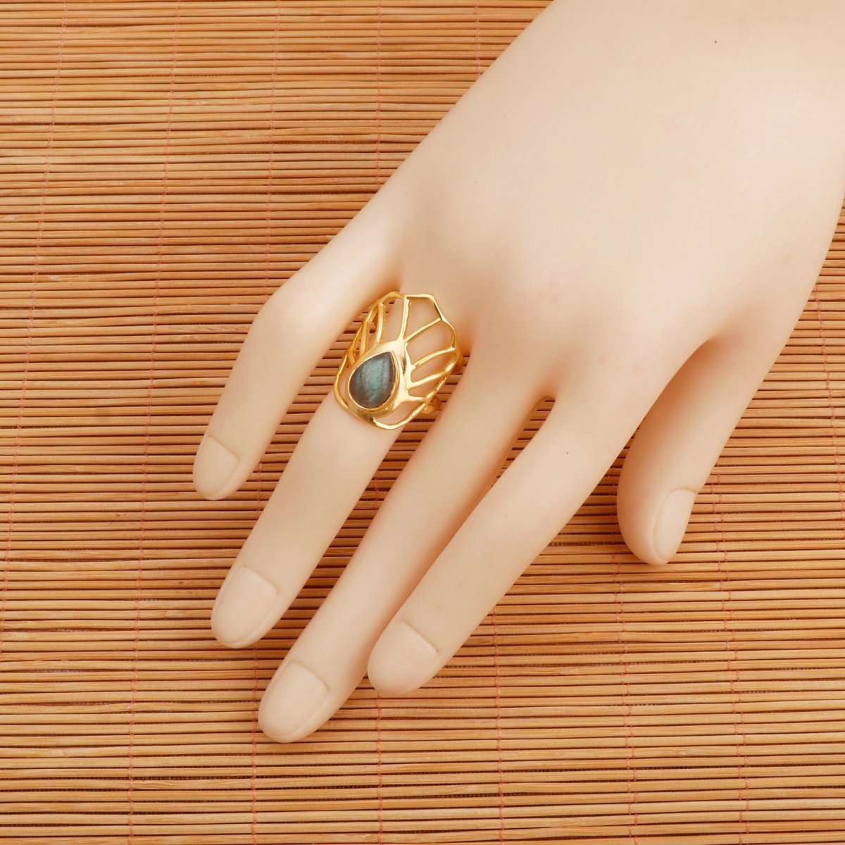 Labradorite Gemstone Ring Gold Plated Filigree Statement Ring