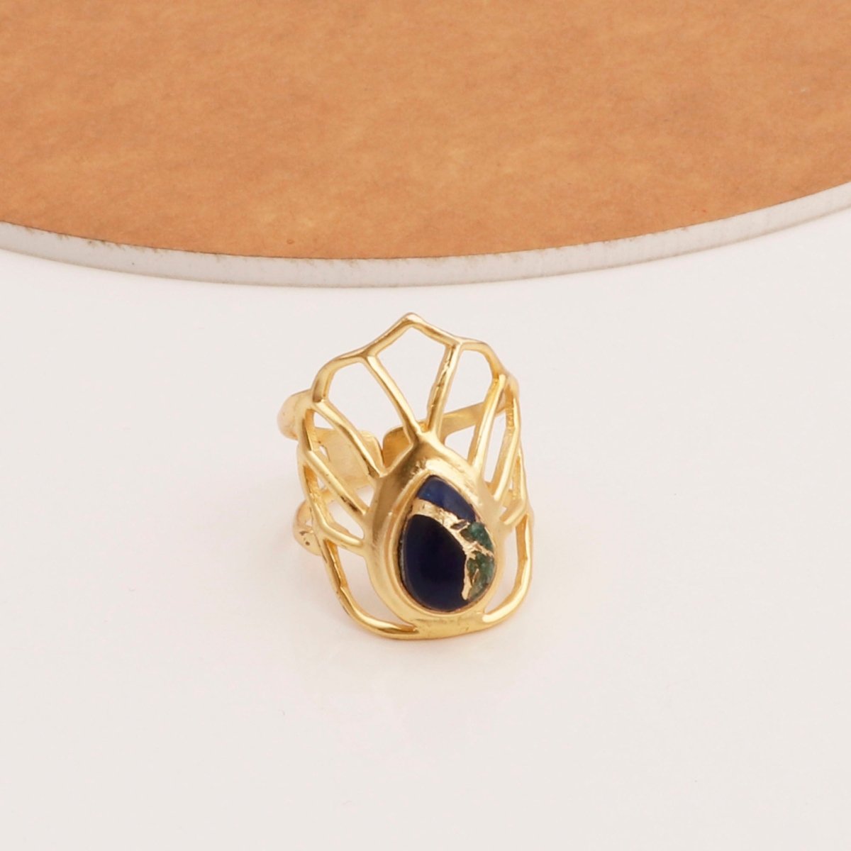 Labradorite Gemstone Ring Gold Plated Filigree Statement Ring