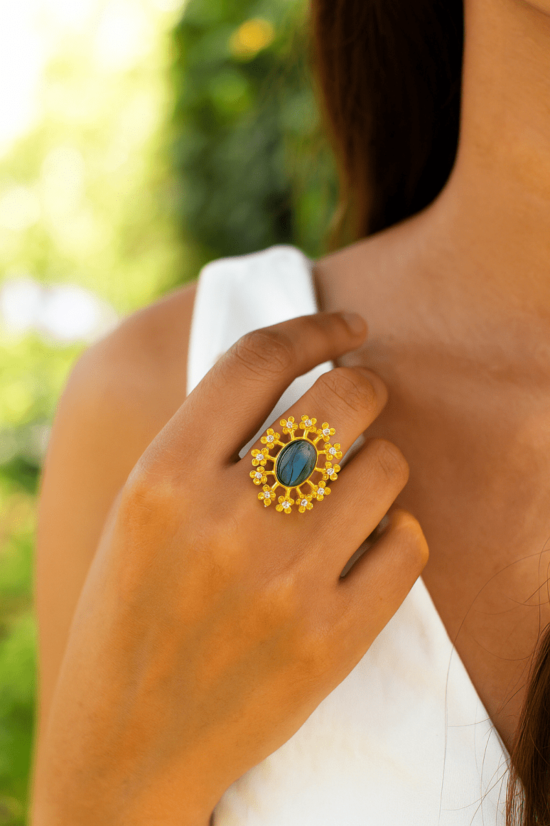 Labradorite Gemstone Ring Gold Plated Floral Statement Jewelry Brass Handmade ring