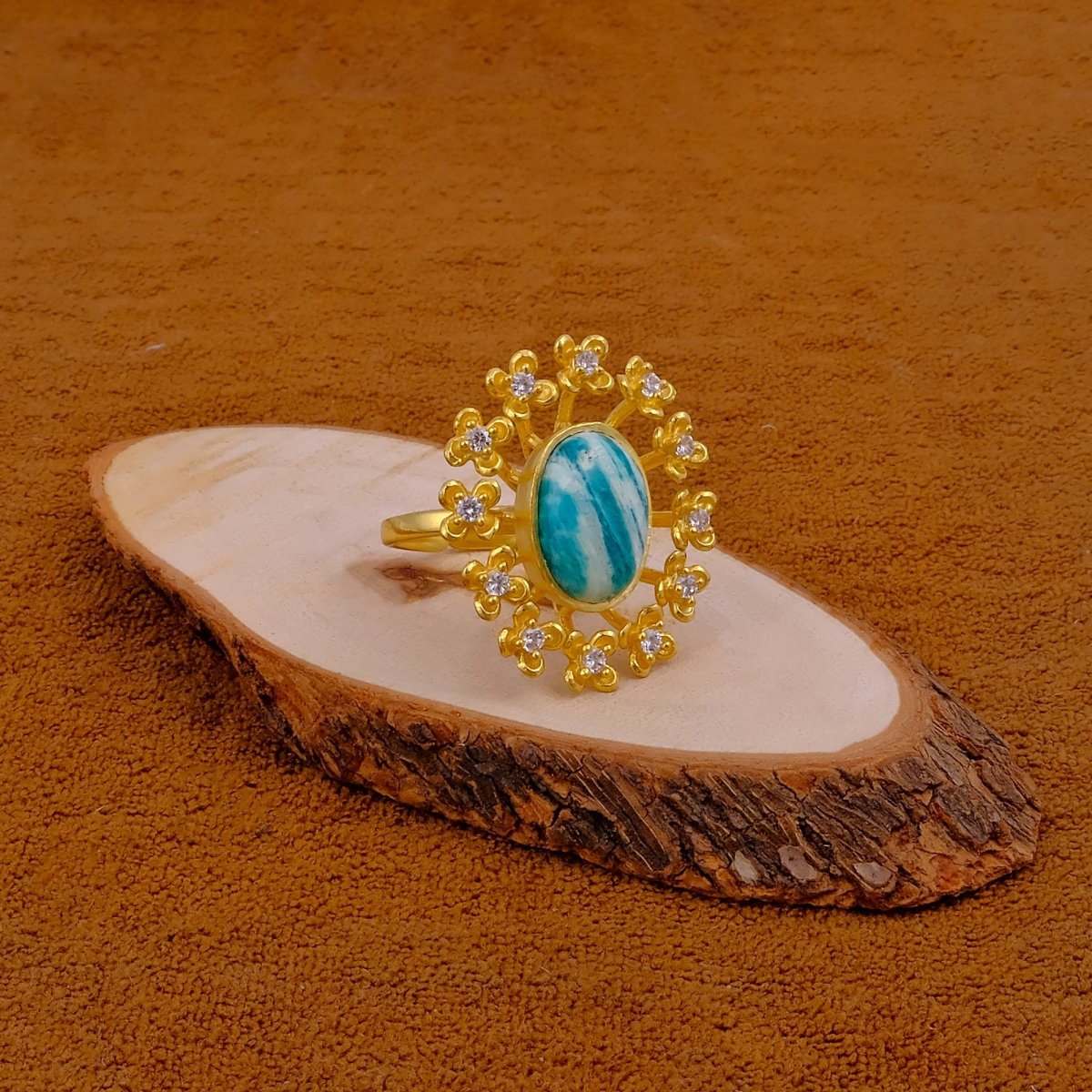Labradorite Gemstone Ring Gold Plated Floral Statement Jewelry Brass Handmade ring Amazonite
