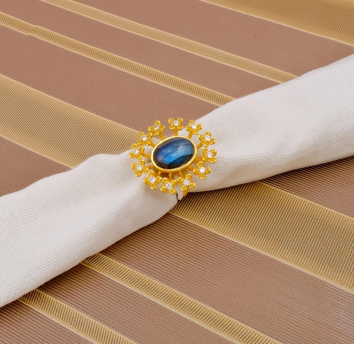 Labradorite Gemstone Ring Gold Plated Floral Statement Jewelry Brass Handmade ring