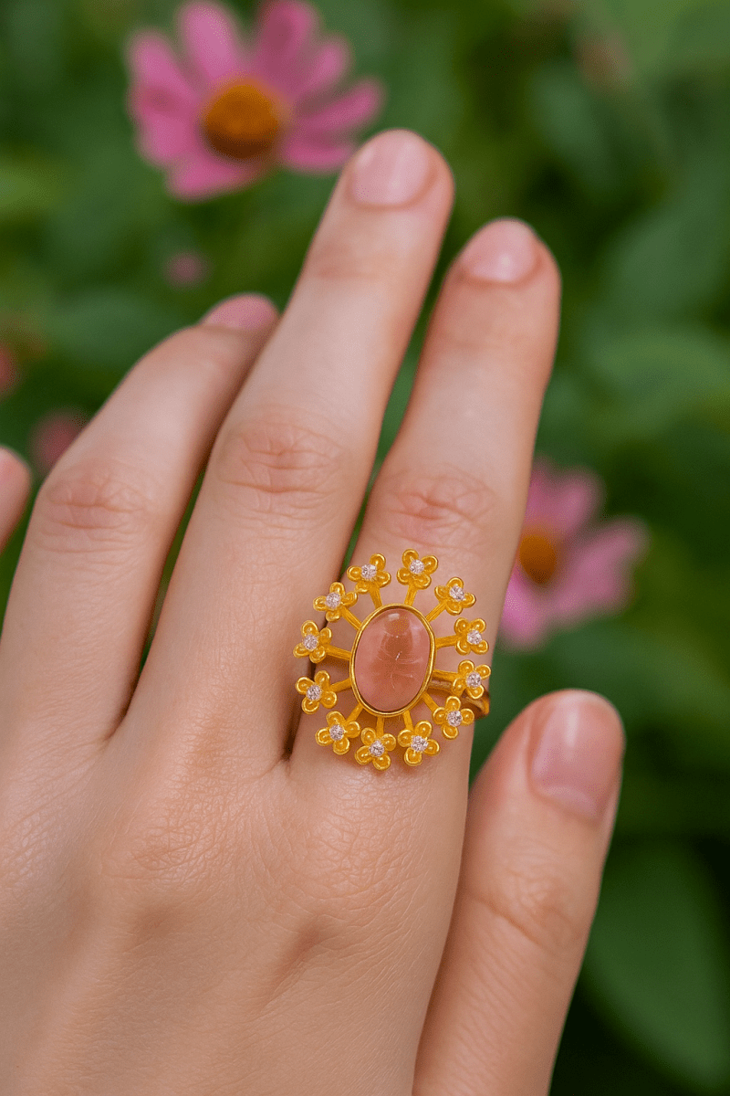 Labradorite Gemstone Ring Gold Plated Floral Statement Jewelry Brass Handmade ring