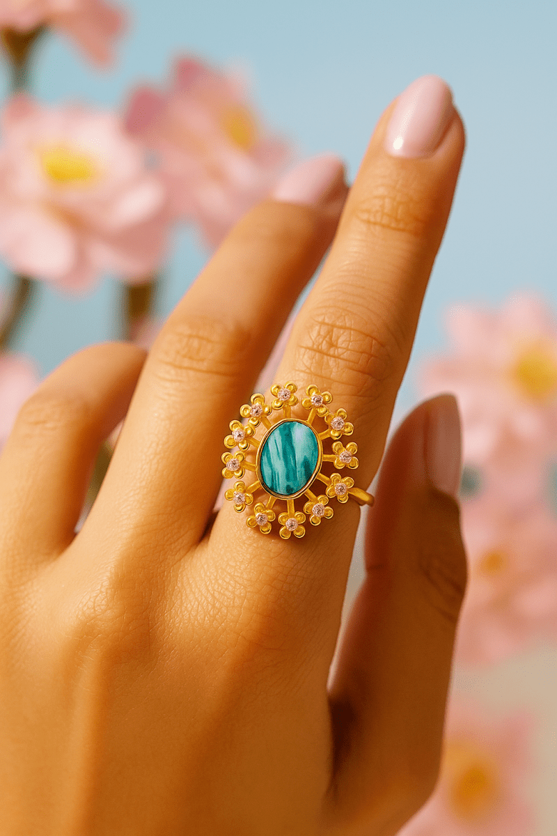 Labradorite Gemstone Ring Gold Plated Floral Statement Jewelry Brass Handmade ring