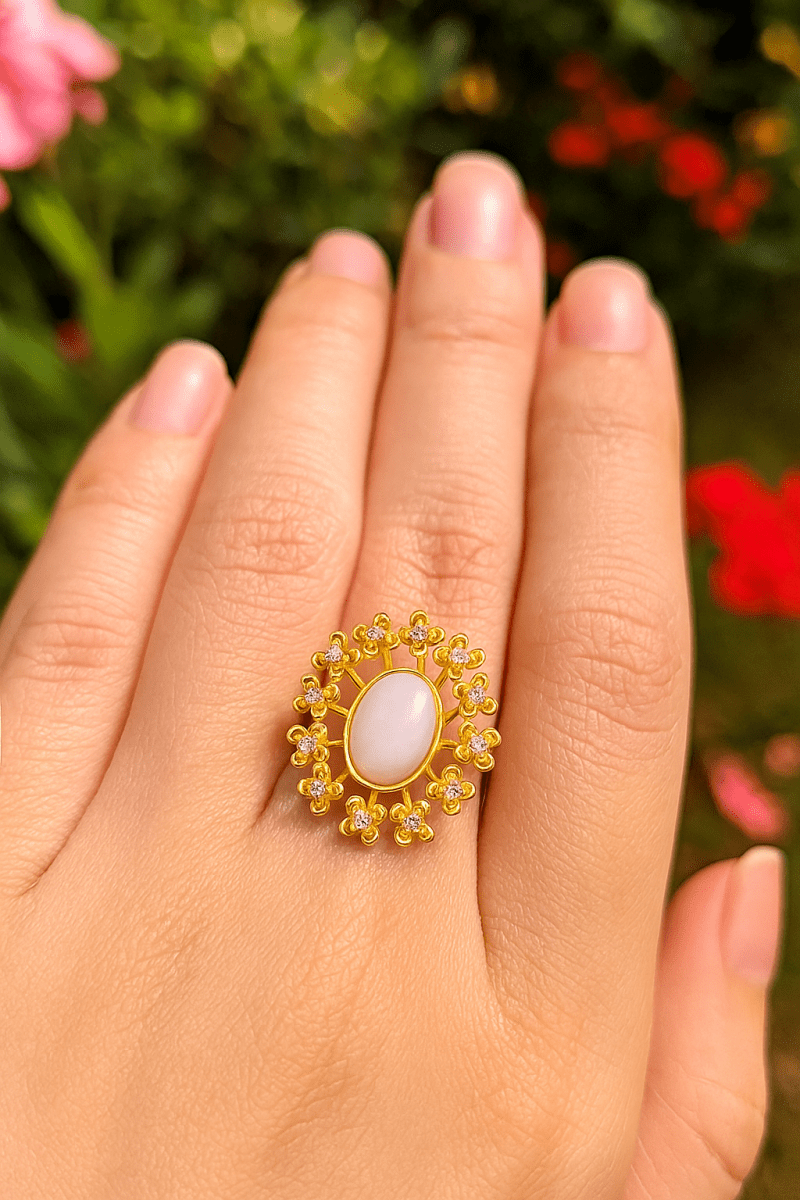 Labradorite Gemstone Ring Gold Plated Floral Statement Jewelry Brass Handmade ring