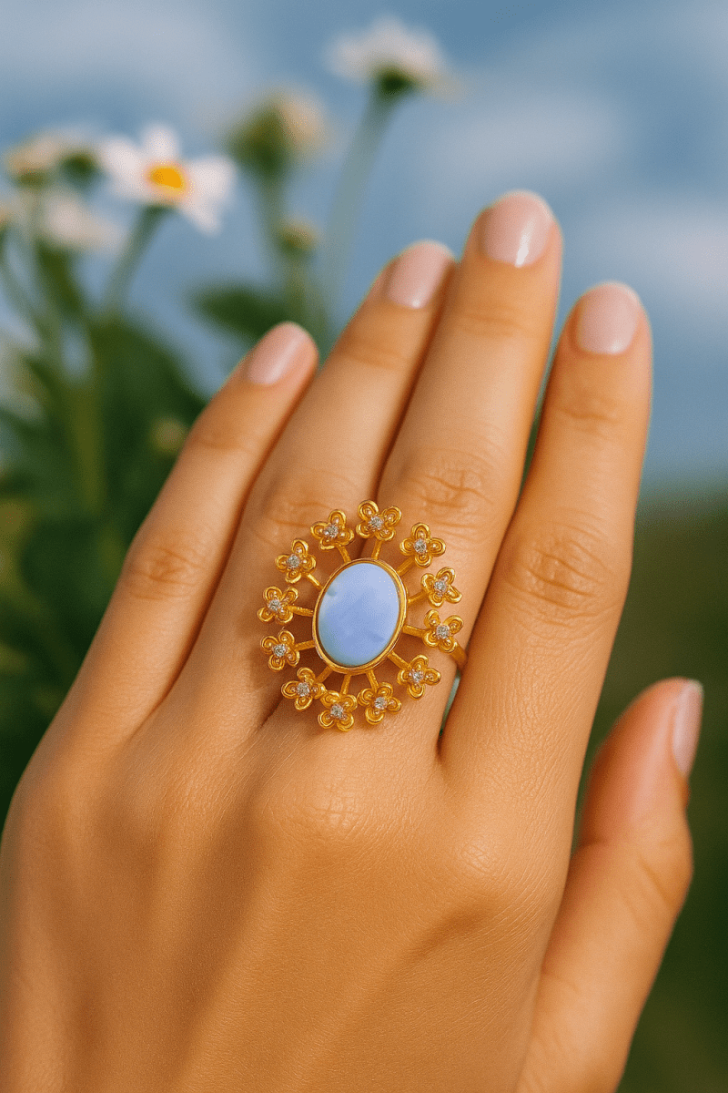 Labradorite Gemstone Ring Gold Plated Floral Statement Jewelry Brass Handmade ring