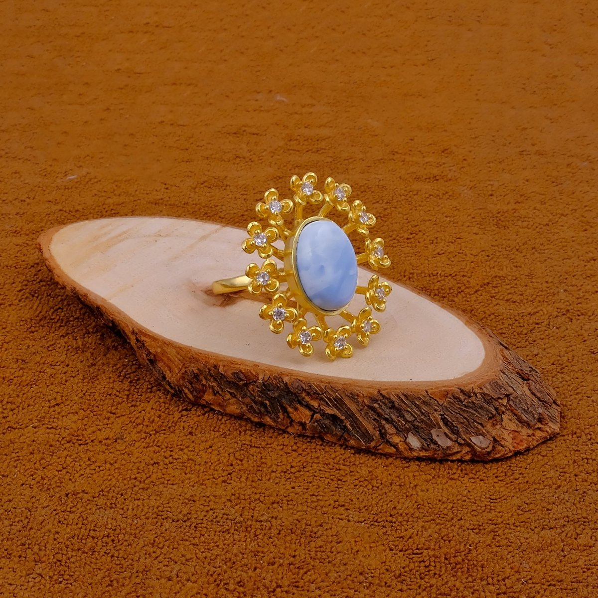 Labradorite Gemstone Ring Gold Plated Floral Statement Jewelry Brass Handmade ring Blue Opal