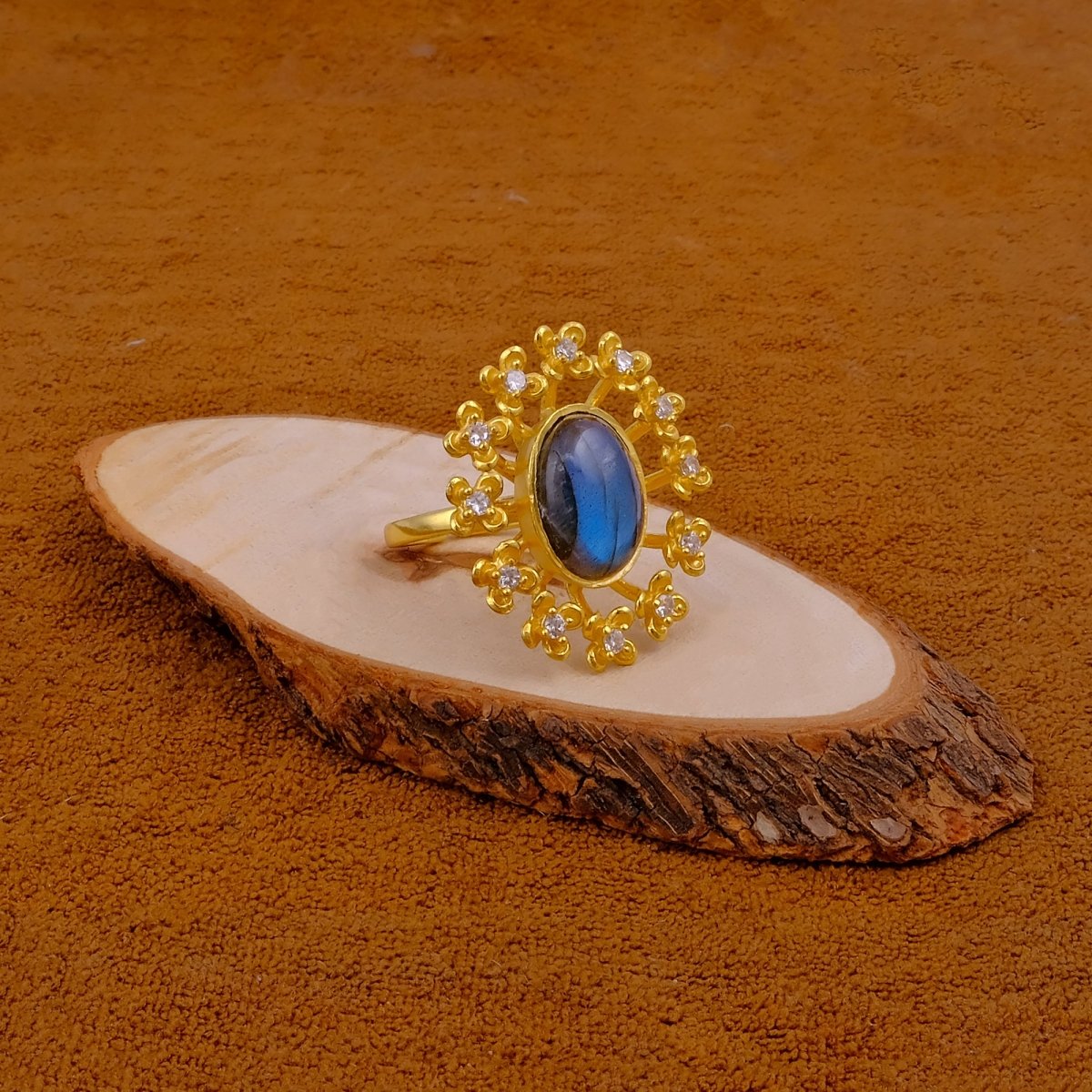 Labradorite Gemstone Ring Gold Plated Floral Statement Jewelry Brass Handmade ring Labradorite