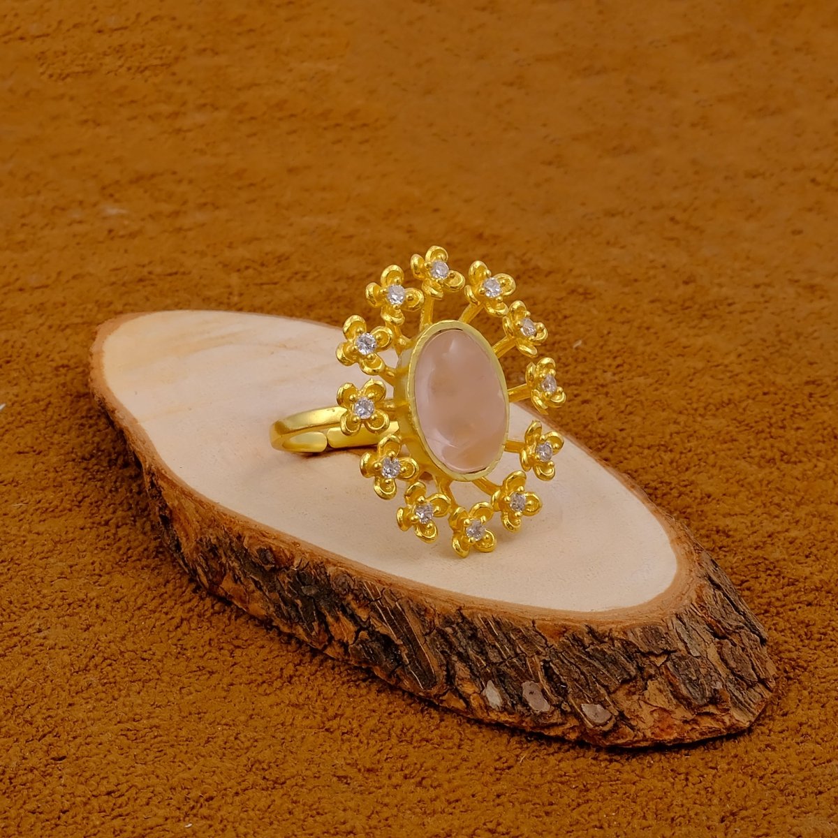 Labradorite Gemstone Ring Gold Plated Floral Statement Jewelry Brass Handmade ring Rose Quartz
