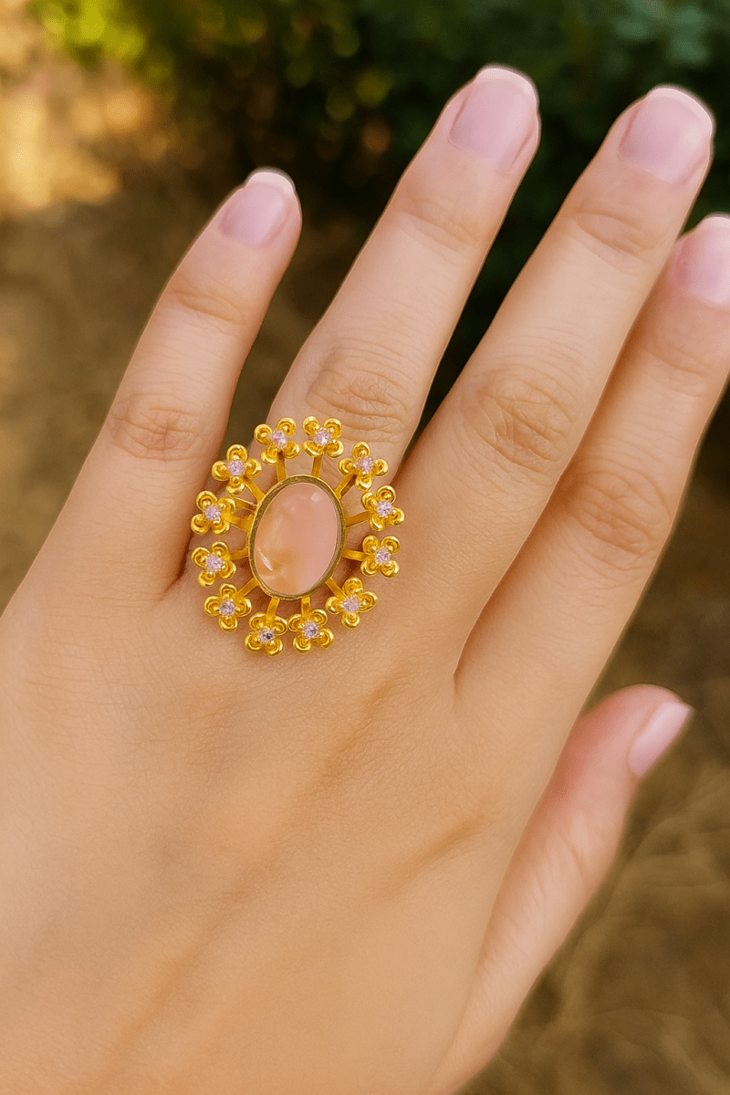 Labradorite Gemstone Ring Gold Plated Floral Statement Jewelry Brass Handmade ring