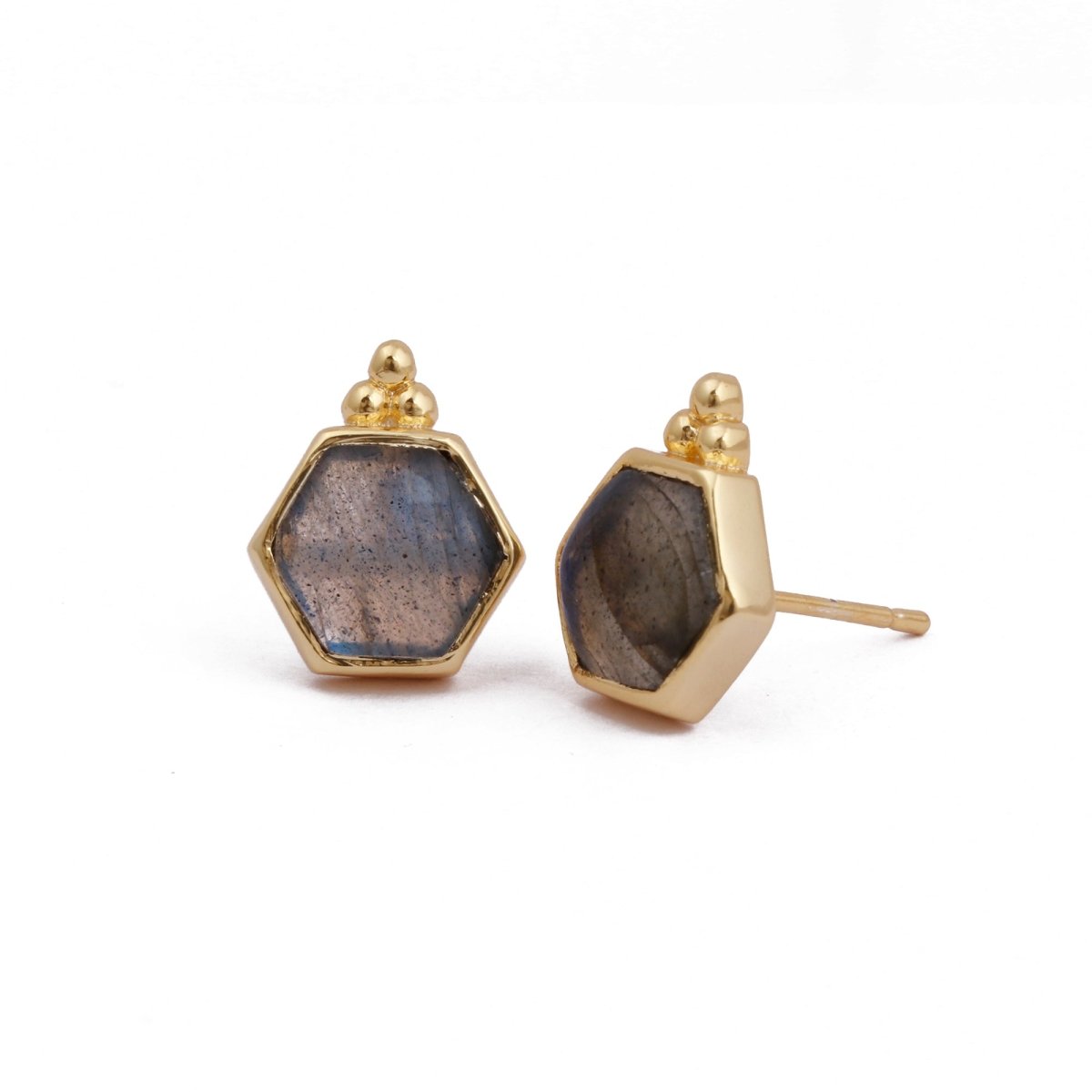Labradorite Gemstone Stud Earrings, Hexagon Shape Earring Gold Plated Earring Labradorite