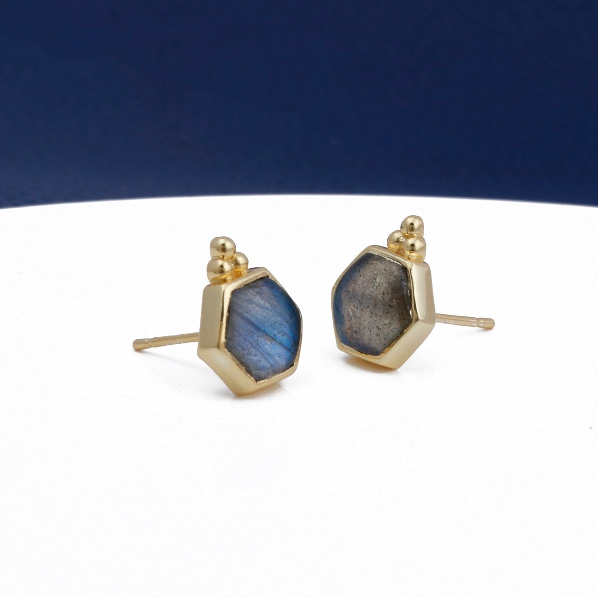 Labradorite Gemstone Stud Earrings, Hexagon Shape Earring Gold Plated Earring