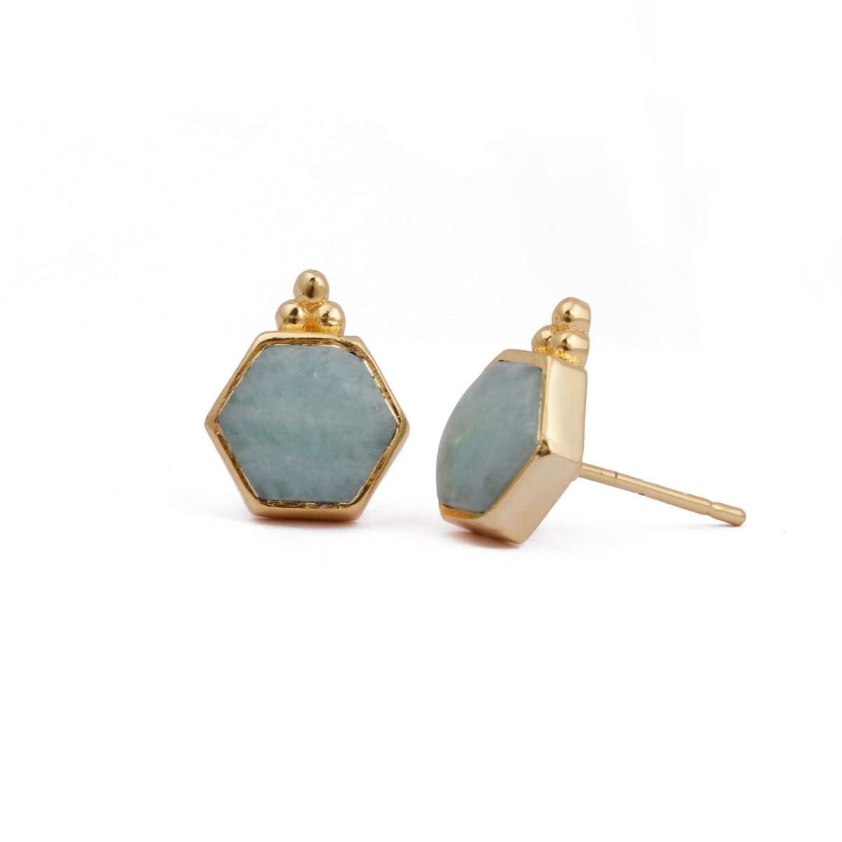 Labradorite Gemstone Stud Earrings, Hexagon Shape Earring Gold Plated Earring Amazonite