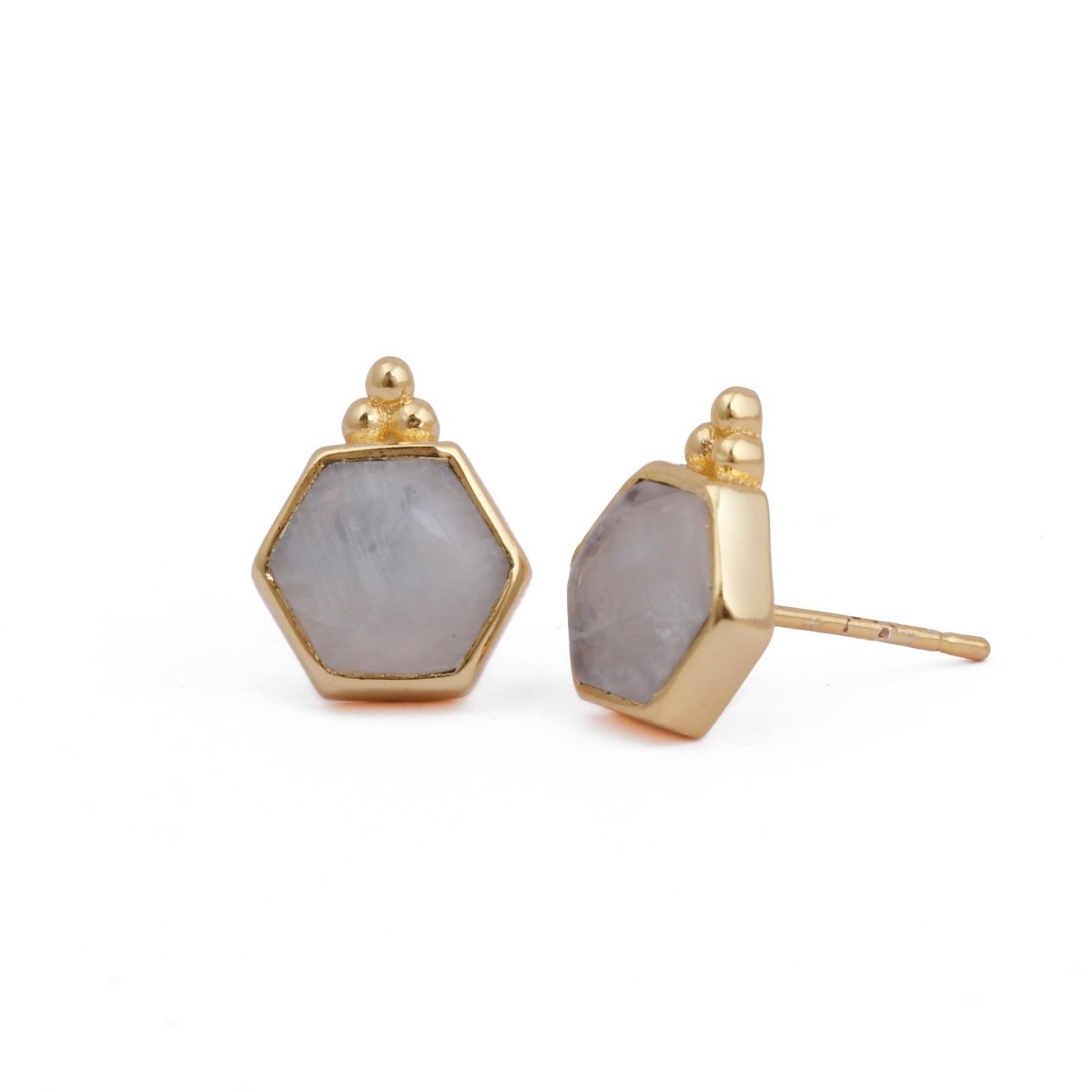 Labradorite Gemstone Stud Earrings, Hexagon Shape Earring Gold Plated Earring Moonstone