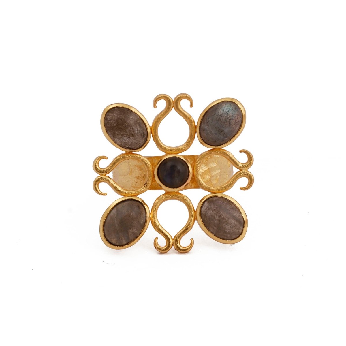 Labradorite Gemstones Ring Gold Plated Floral Design Statement Ring
