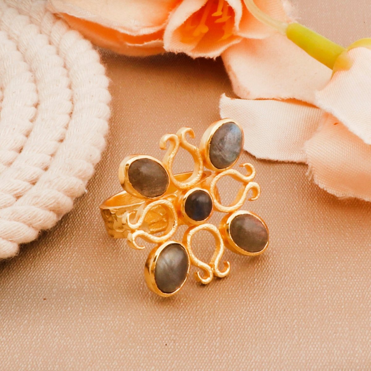 Labradorite Gemstones Ring Gold Plated Floral Design Statement Ring