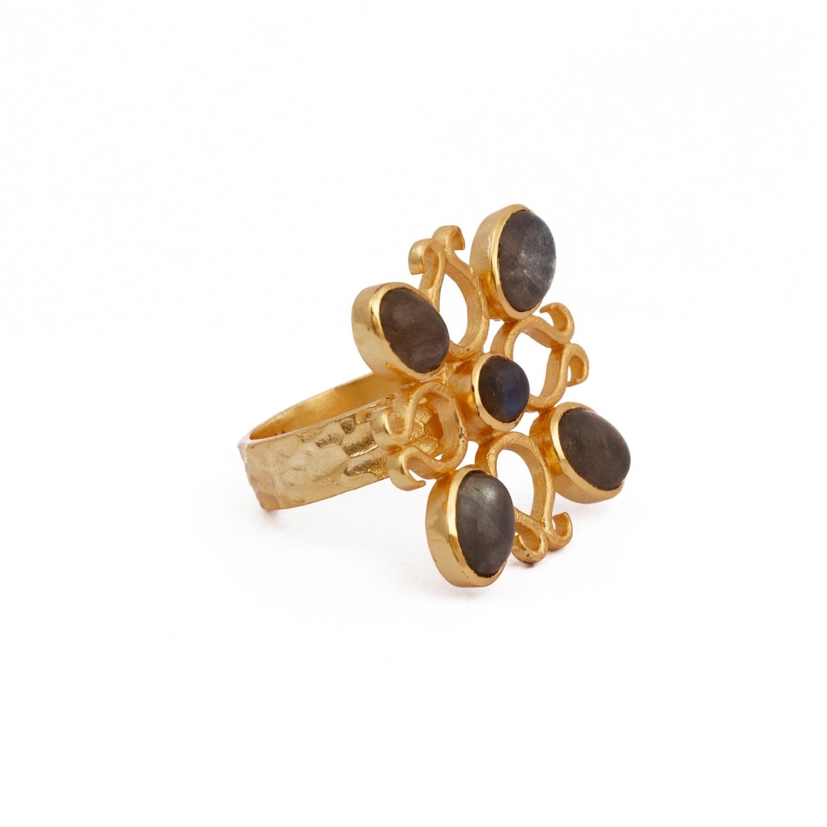 Labradorite Gemstones Ring Gold Plated Floral Design Statement Ring