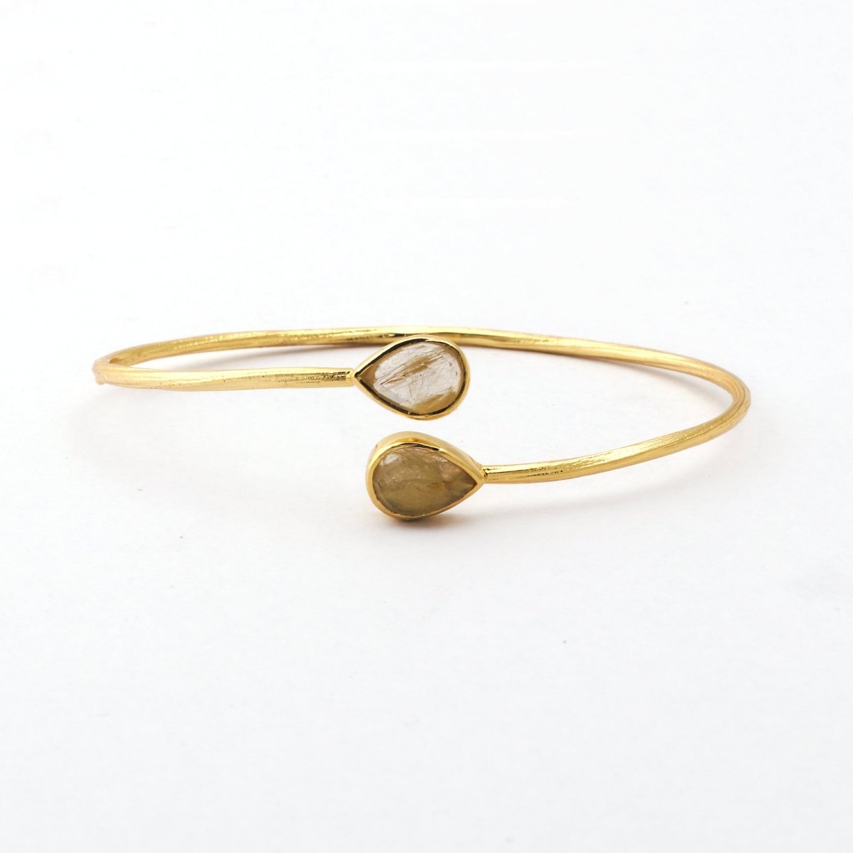 Labradorite Pear Shape Gemstone Adjustable Bangle, Gold Plated Bohemian Style Bangle