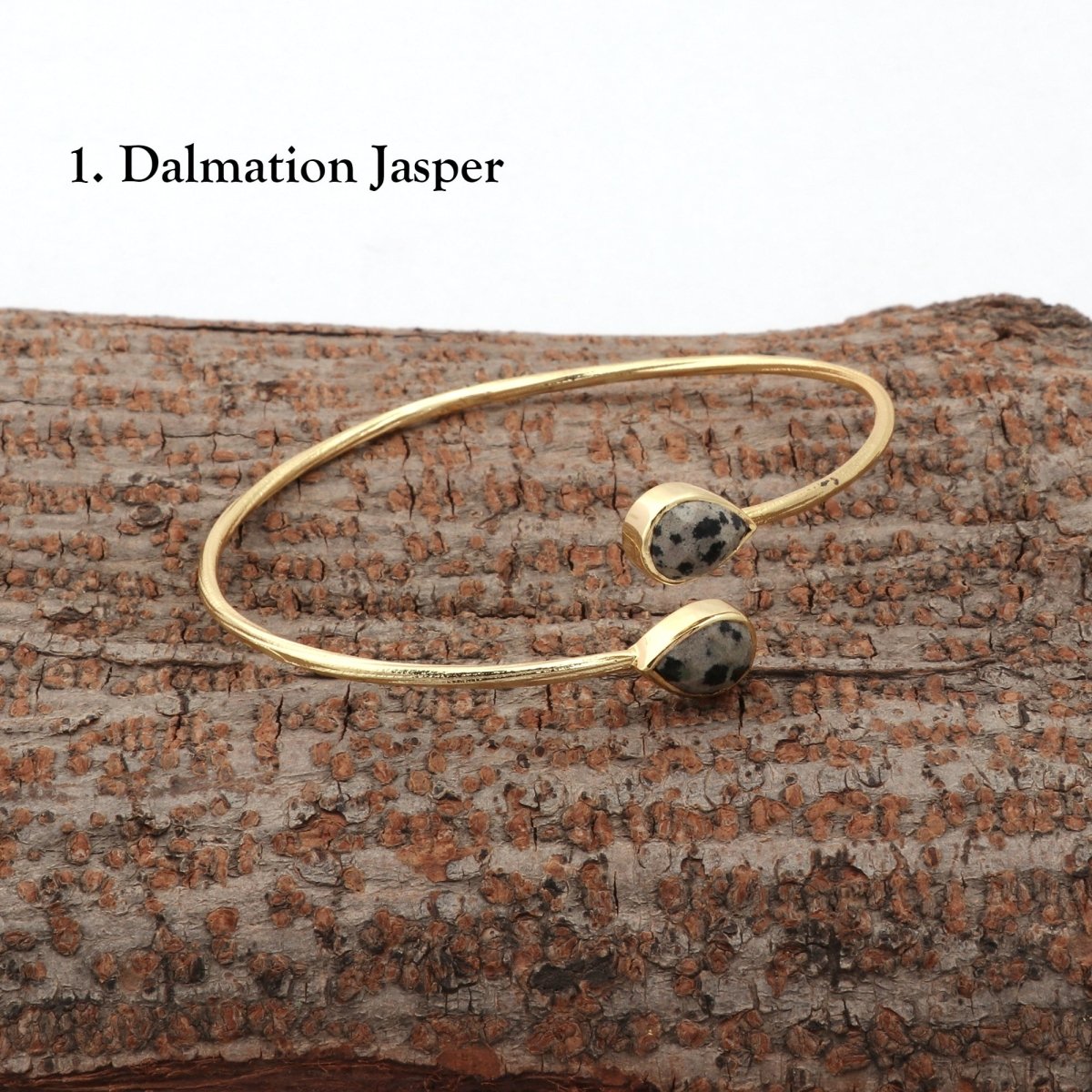 Labradorite Pear Shape Gemstone Adjustable Bangle, Gold Plated Bohemian Style Bangle Dalmation Jasper