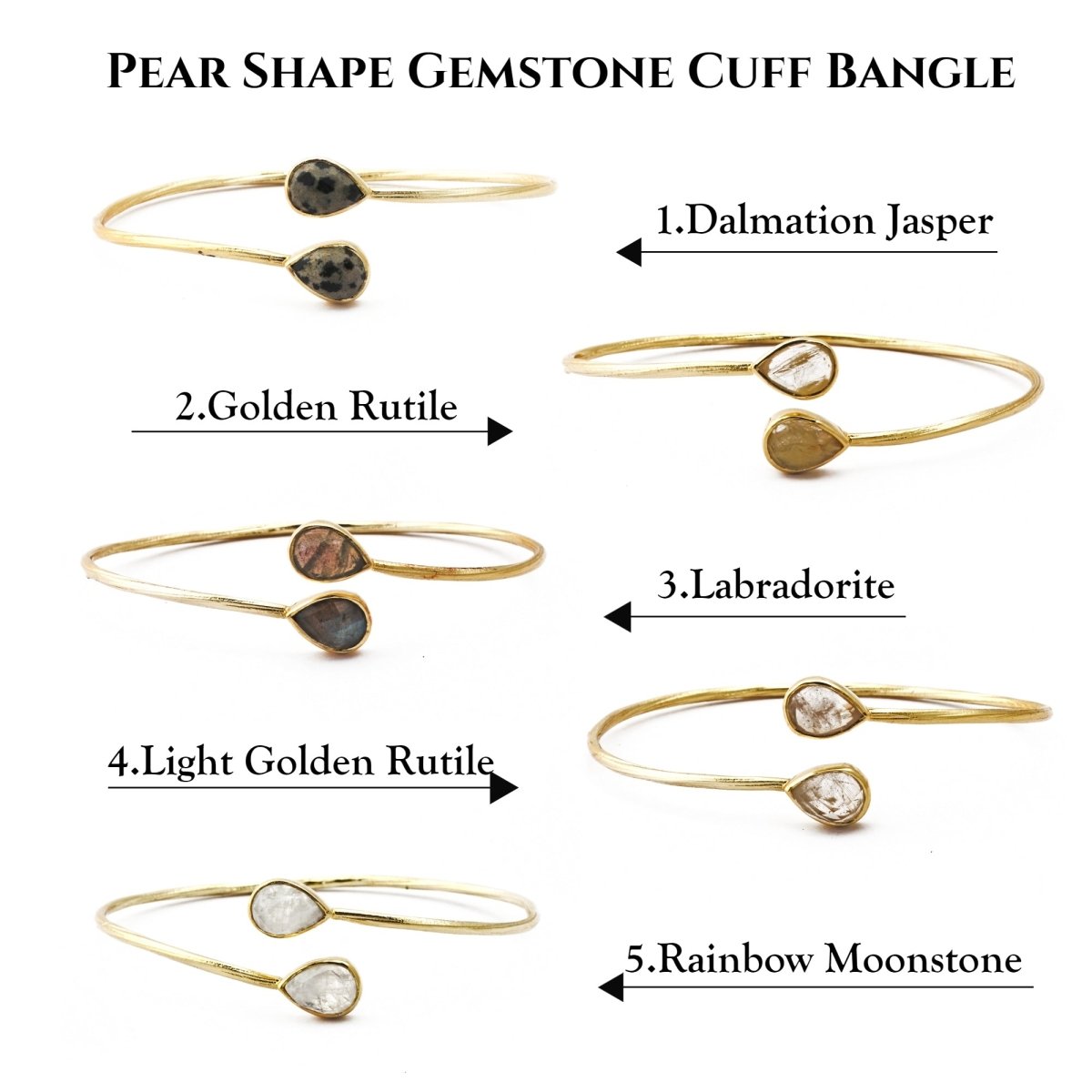 Labradorite Pear Shape Gemstone Adjustable Bangle, Gold Plated Bohemian Style Bangle