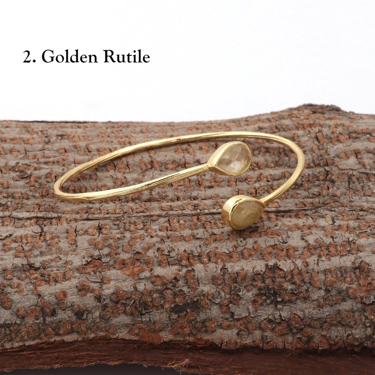 Labradorite Pear Shape Gemstone Adjustable Bangle, Gold Plated Bohemian Style Bangle Golden Rutile