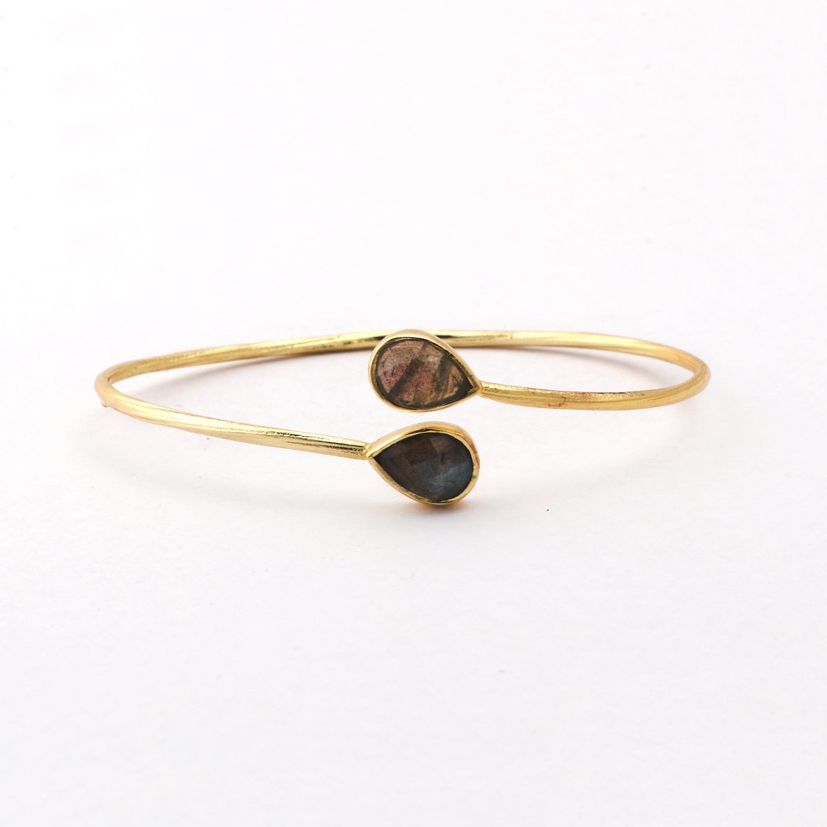 Labradorite Pear Shape Gemstone Adjustable Bangle, Gold Plated Bohemian Style Bangle