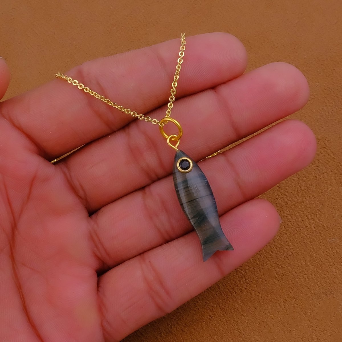 Labradorite Statement Fish Charm Necklace for Women, Sea Life Inspired Necklace 5287