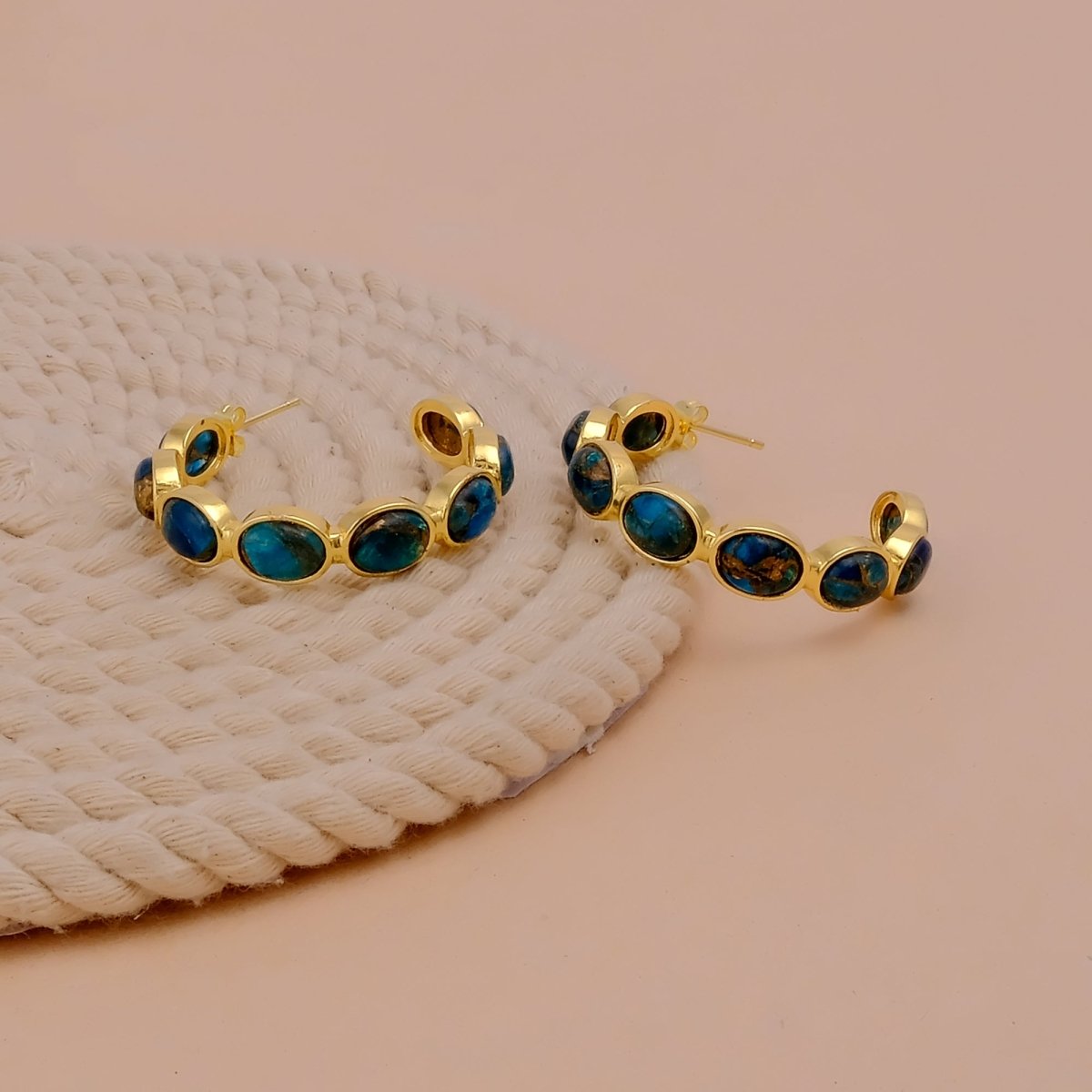 Lapis Lazuli Stud Hoop Earrings – Elegant Gold Minimalist Design CE - 1005