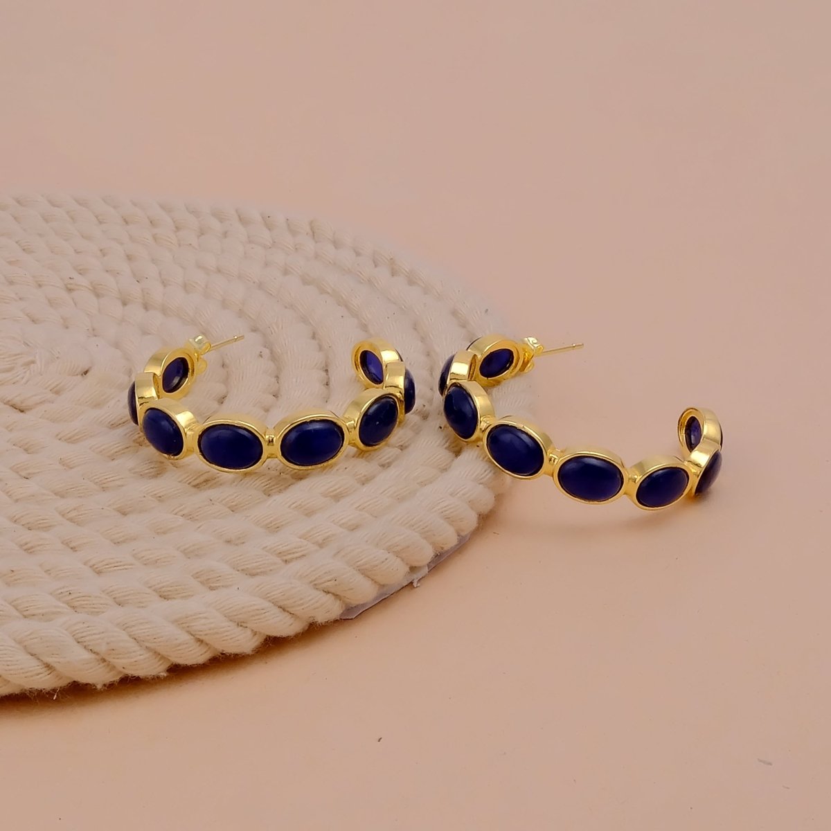 Lapis Lazuli Stud Hoop Earrings – Elegant Gold Minimalist Design CE - 1005