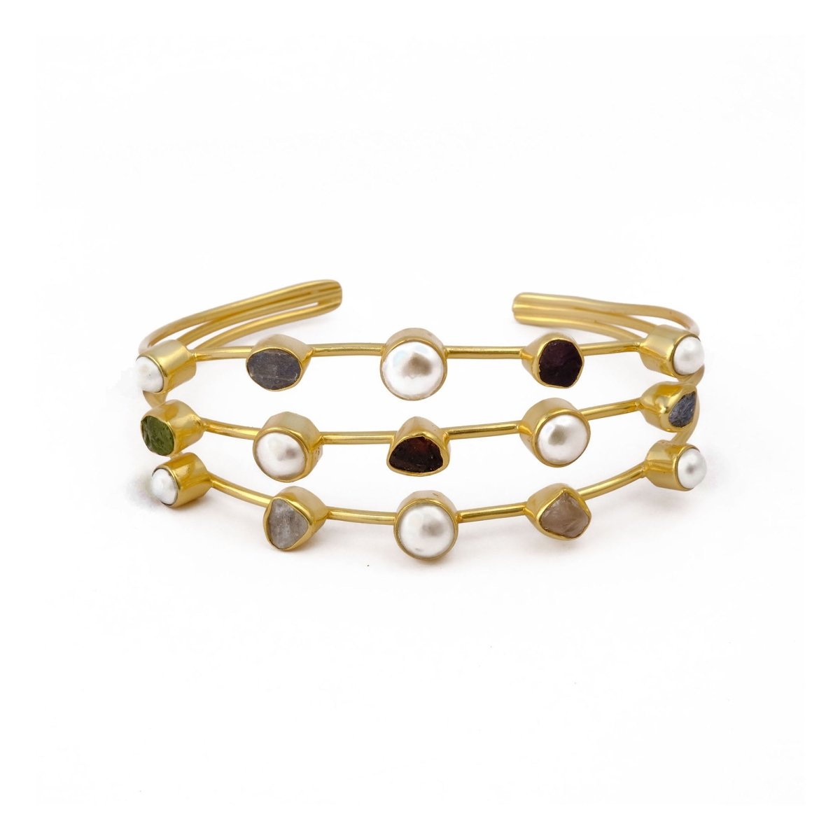 Layered Multi - Stone Bezel Cuff, Freeform Gemstone Gold Plated Stacking Bangle 3501