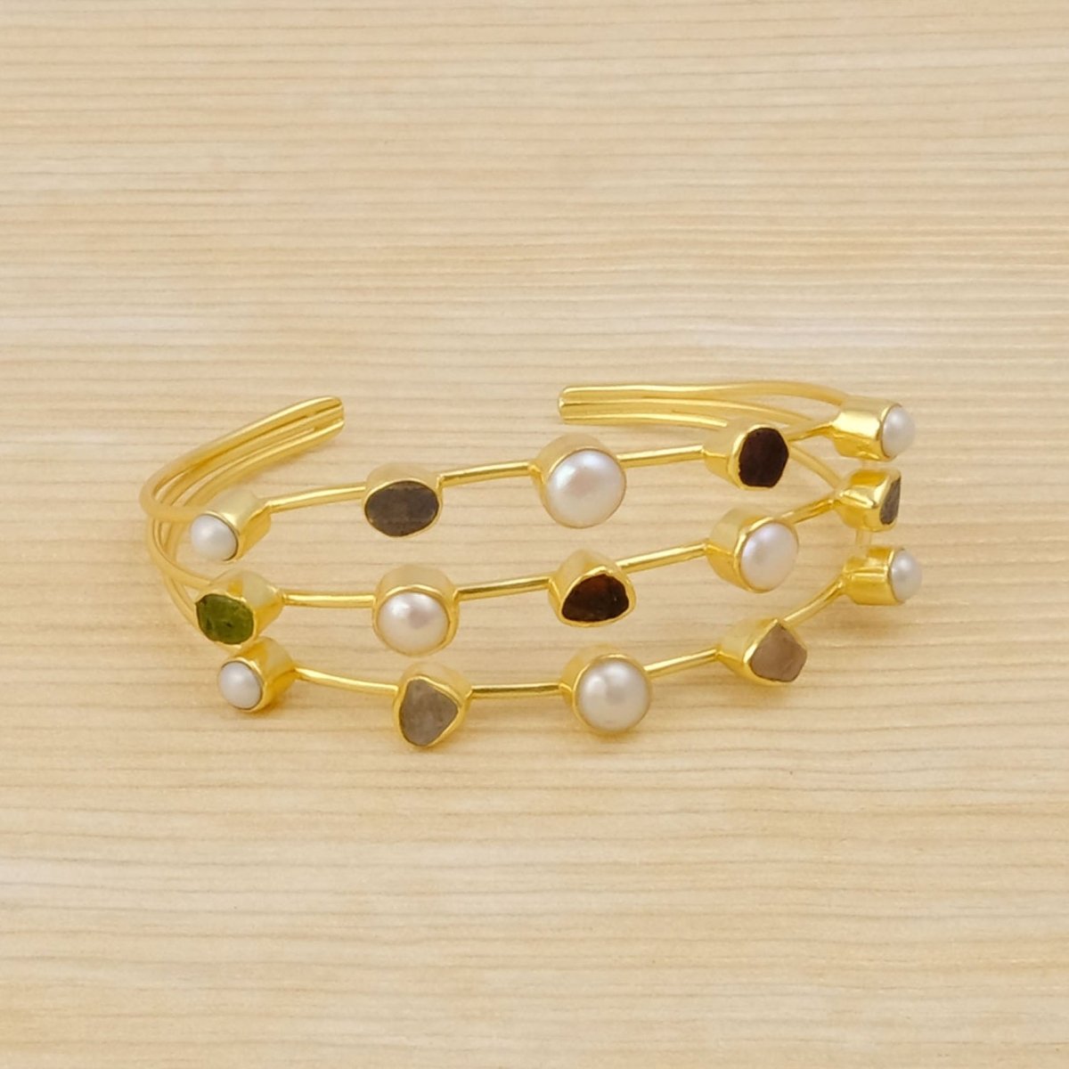 Layered Multi - Stone Bezel Cuff, Freeform Gemstone Gold Plated Stacking Bangle 3501