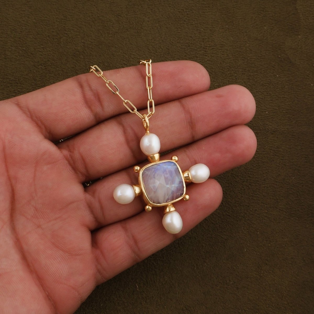 Layering Paperclip Chain Necklace with Rainbow Moonstone & Pearl Pendant 5406