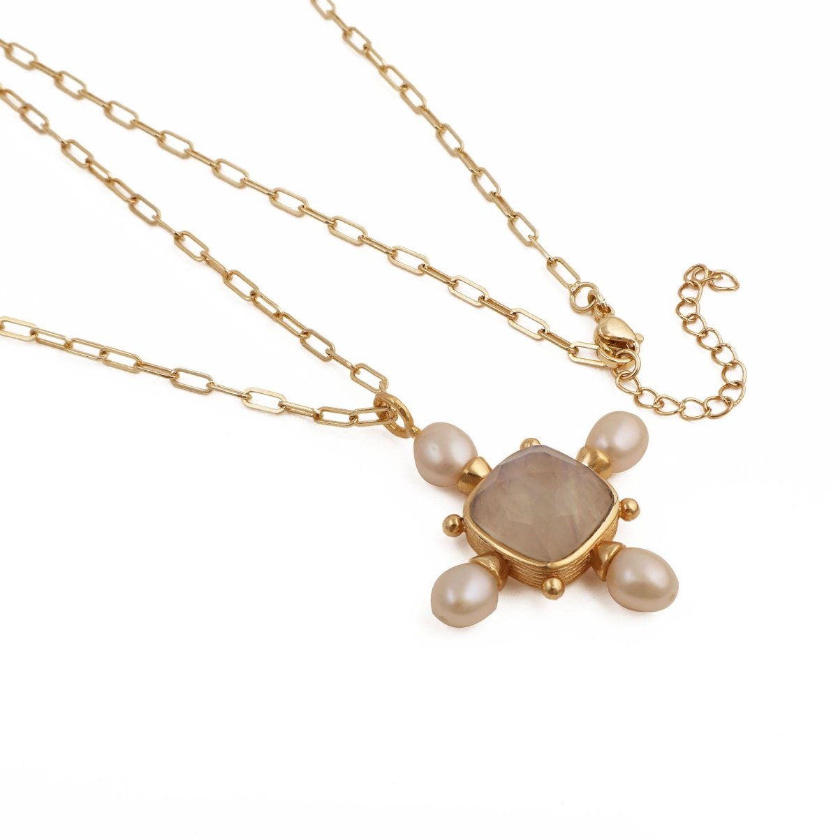 Layering Paperclip Chain Necklace with Rainbow Moonstone & Pearl Pendant 5406