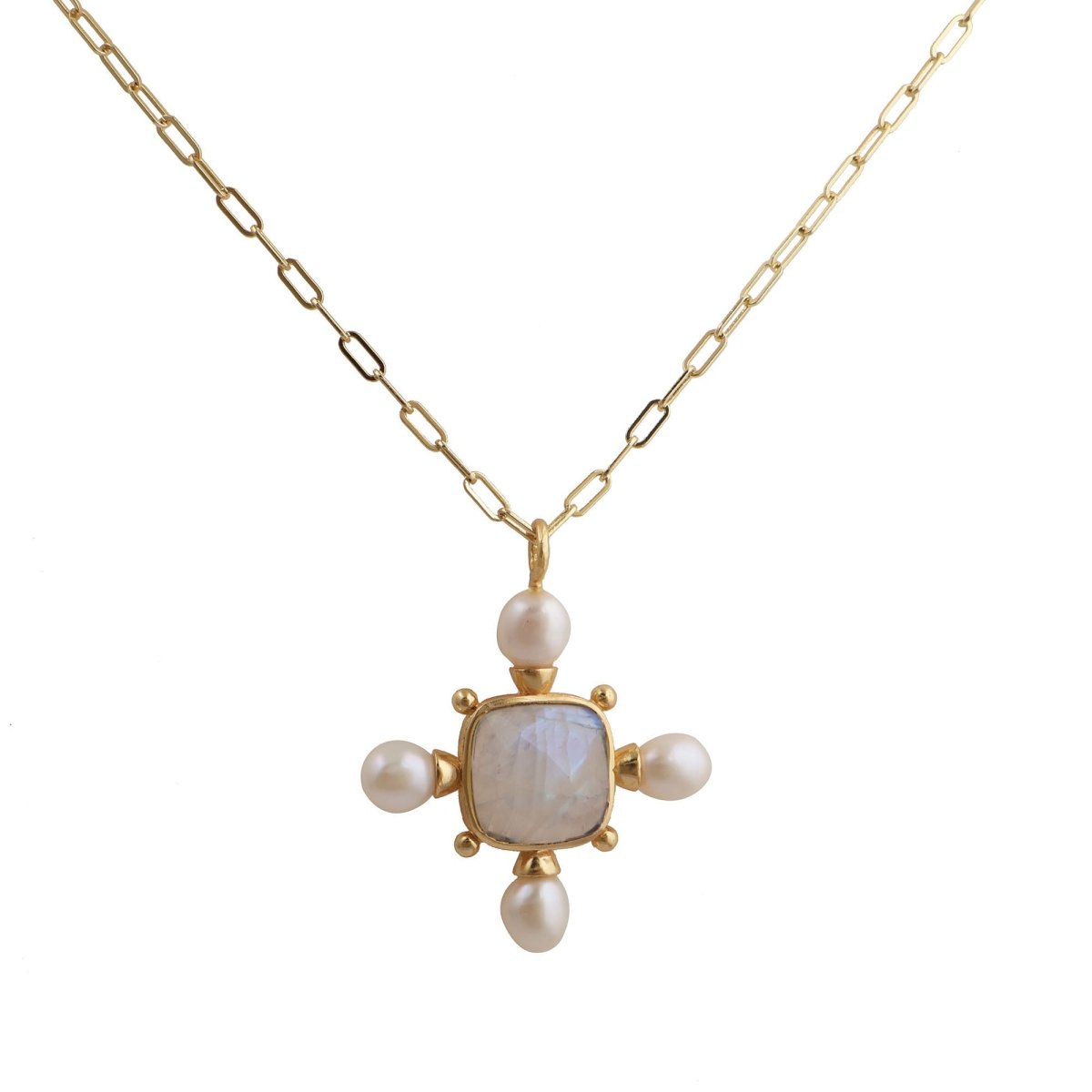 Layering Paperclip Chain Necklace with Rainbow Moonstone & Pearl Pendant 5406