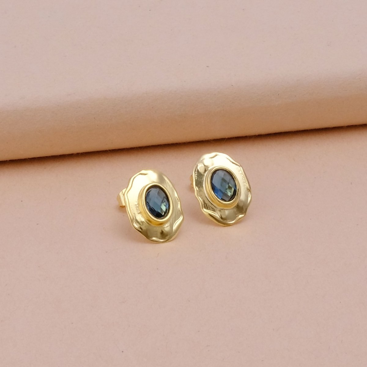 London Blue Topaz Gemstones Studs Gold Plated Hammered Style Stud Earrings London Blue Topaz