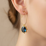 London Blue Topaz Oval Faceted Hoop Earrings, Handmade Gold Plated Bezel Set 5275 London Blue Topaz