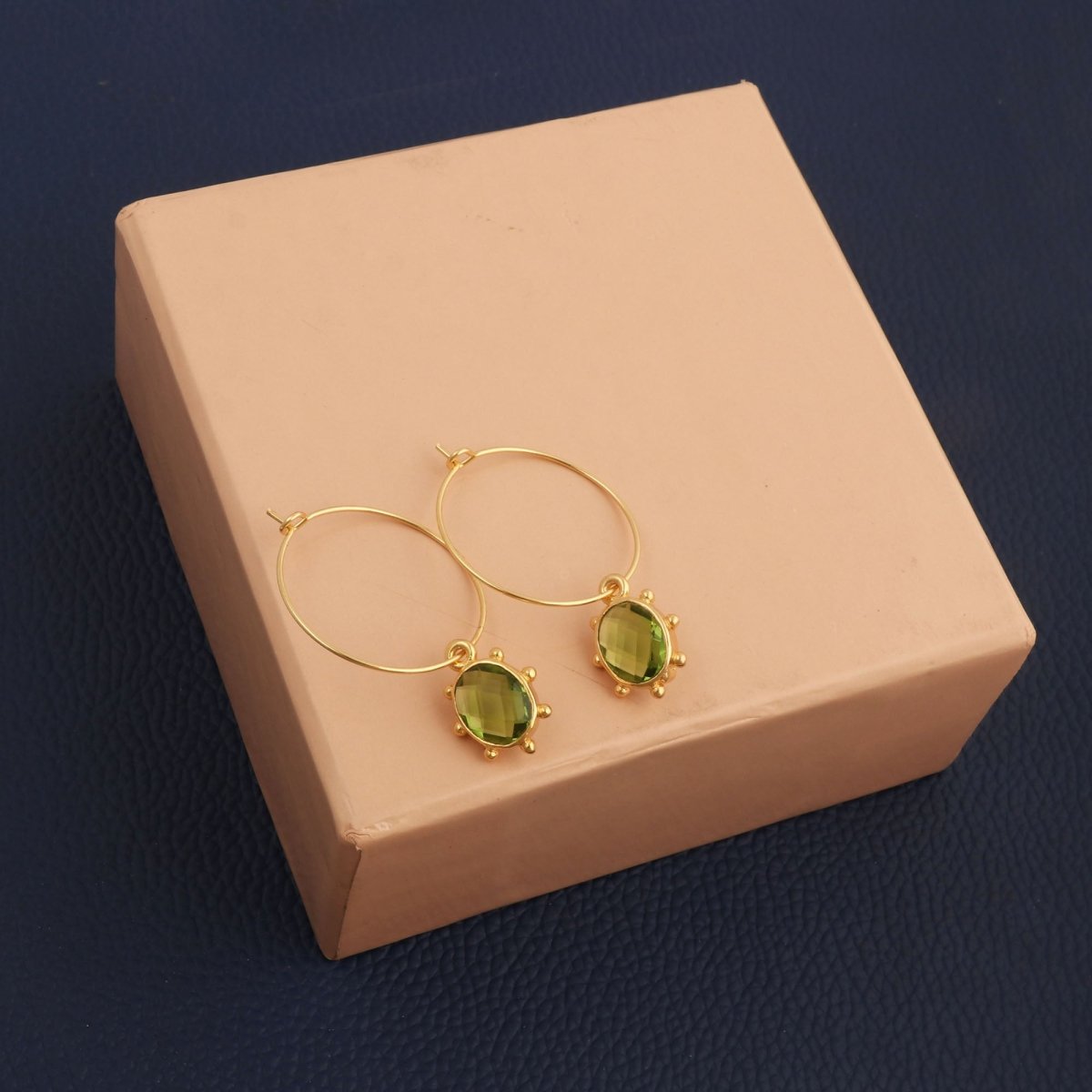 London Blue Topaz Oval Faceted Hoop Earrings, Handmade Gold Plated Bezel Set 5275