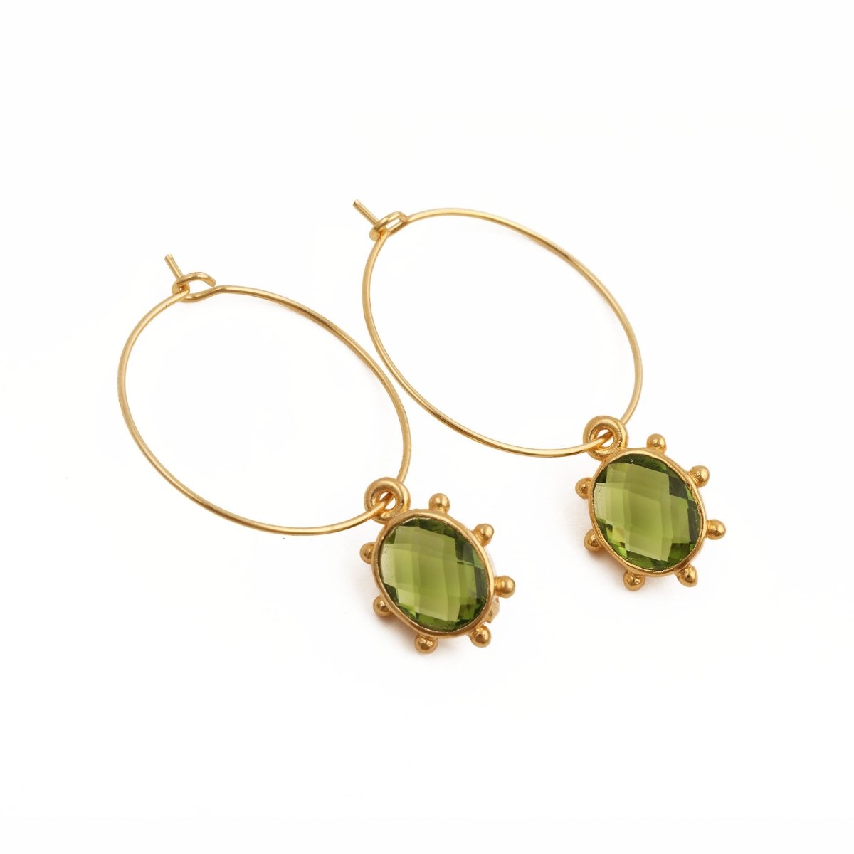 London Blue Topaz Oval Faceted Hoop Earrings, Handmade Gold Plated Bezel Set 5275