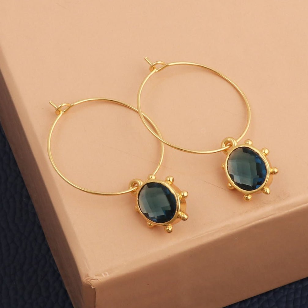 London Blue Topaz Oval Faceted Hoop Earrings, Handmade Gold Plated Bezel Set 5275