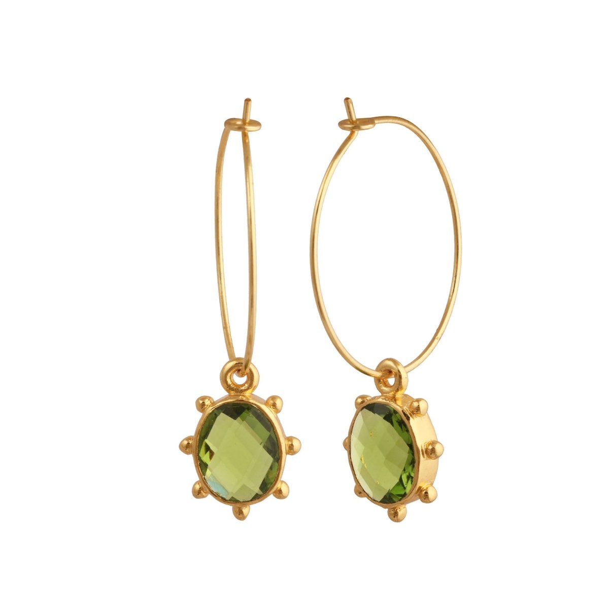 London Blue Topaz Oval Faceted Hoop Earrings, Handmade Gold Plated Bezel Set 5275 Peridot