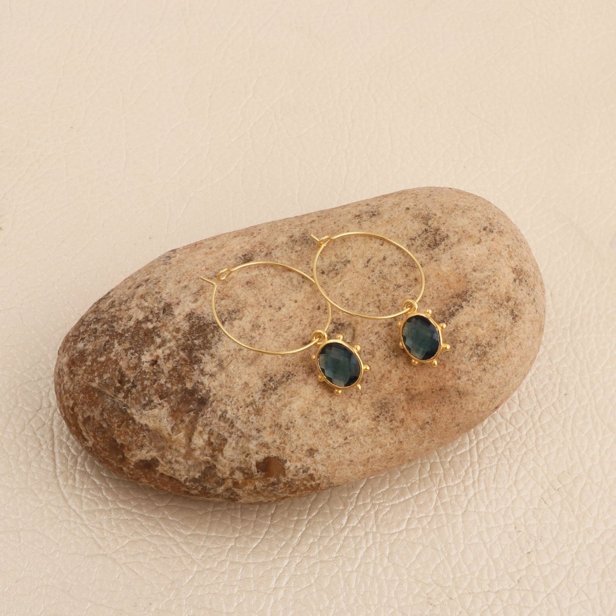 London Blue Topaz Oval Faceted Hoop Earrings, Handmade Gold Plated Bezel Set 5275