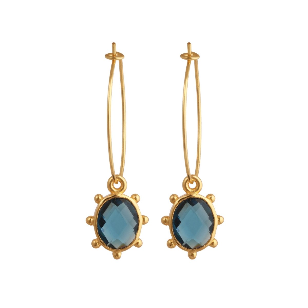 London Blue Topaz Oval Faceted Hoop Earrings, Handmade Gold Plated Bezel Set 5275