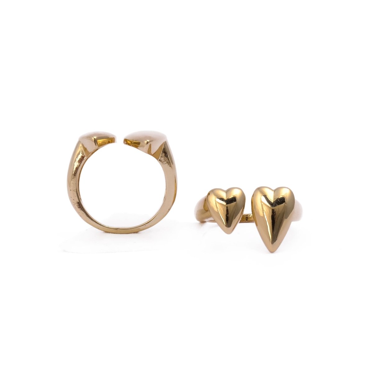 Matte Finish Double Heart Plain Brass Ring, Front Open Adjustable Ring For Gift For Her