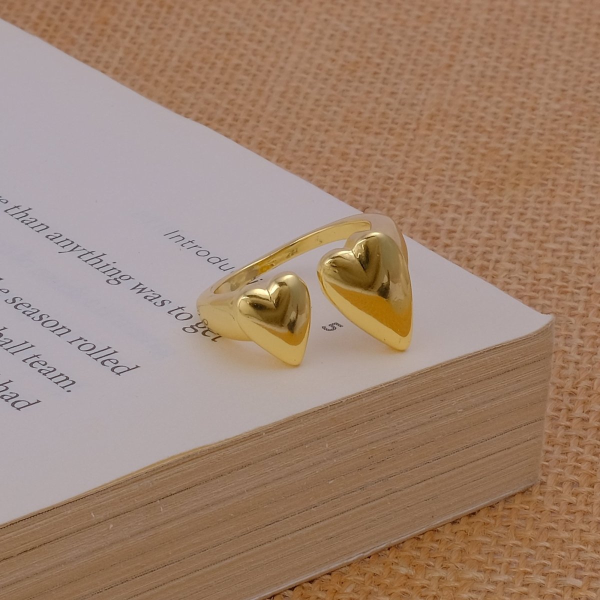 Matte Finish Double Heart Plain Brass Ring, Front Open Adjustable Ring For Gift For Her