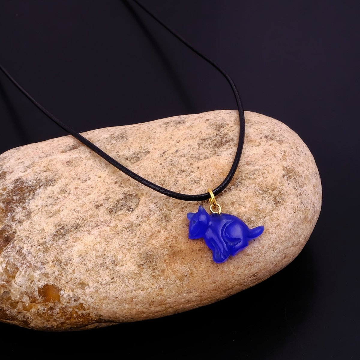 Minimal Animal Necklace, Green Gemstone Carved Pendant Black Cord Jewelry 5255