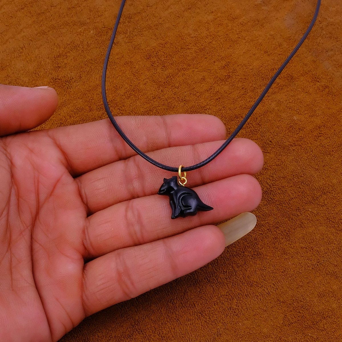 Minimal Animal Necklace, Green Gemstone Carved Pendant Black Cord Jewelry 5255