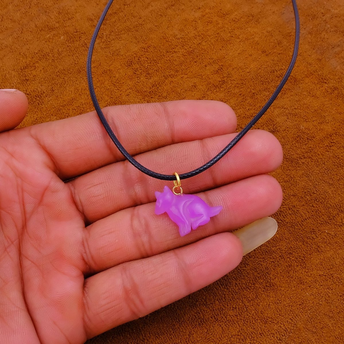 Minimal Animal Necklace, Green Gemstone Carved Pendant Black Cord Jewelry 5255