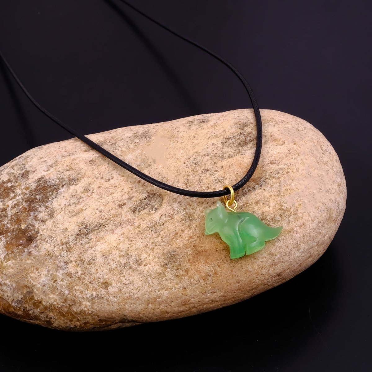 Minimal Animal Necklace, Green Gemstone Carved Pendant Black Cord Jewelry 5255