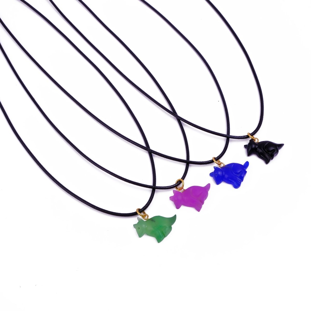 Minimal Animal Necklace, Green Gemstone Carved Pendant Black Cord Jewelry 5255