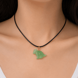 Minimal Animal Necklace, Green Gemstone Carved Pendant Black Cord Jewelry 5255 Green