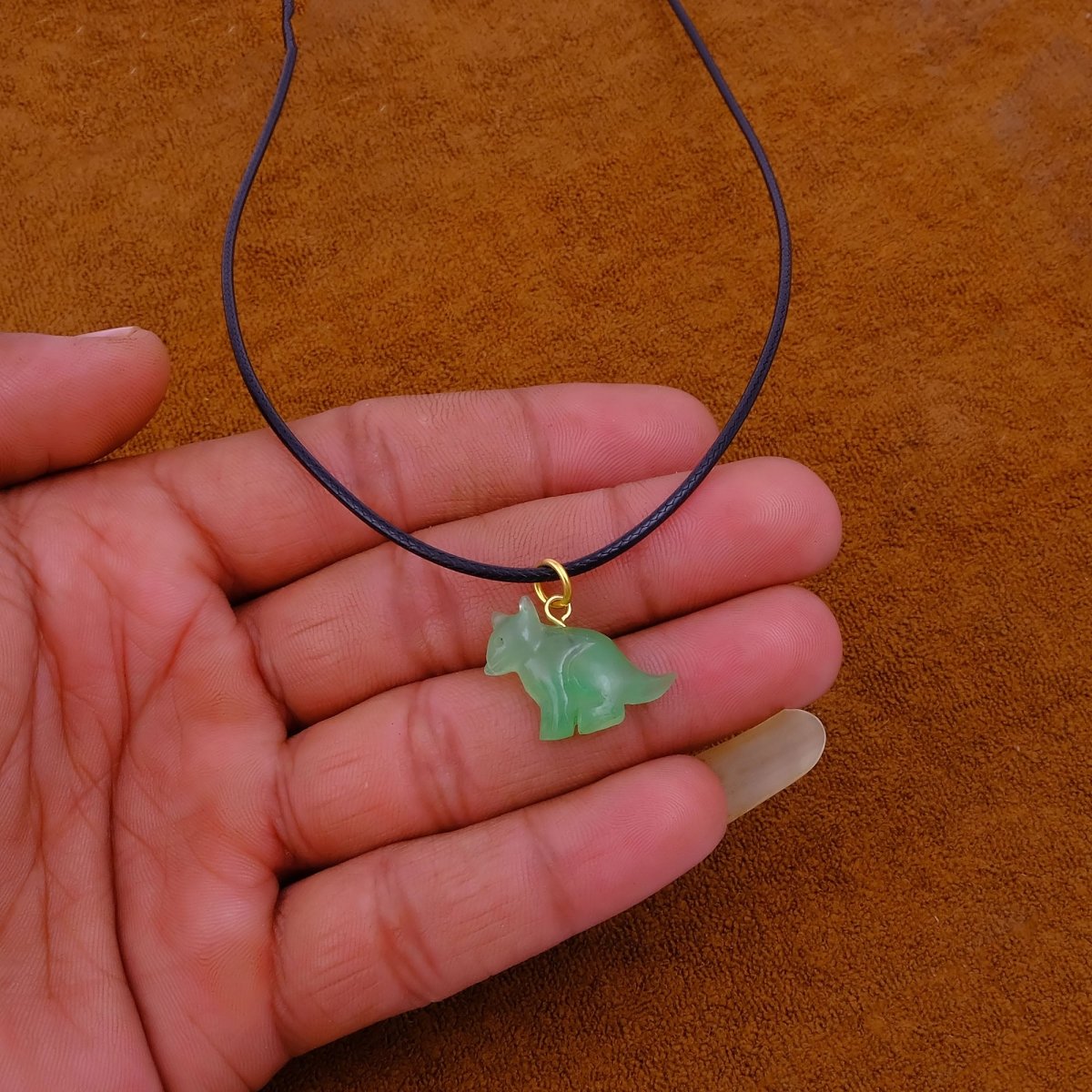 Minimal Animal Necklace, Green Gemstone Carved Pendant Black Cord Jewelry 5255